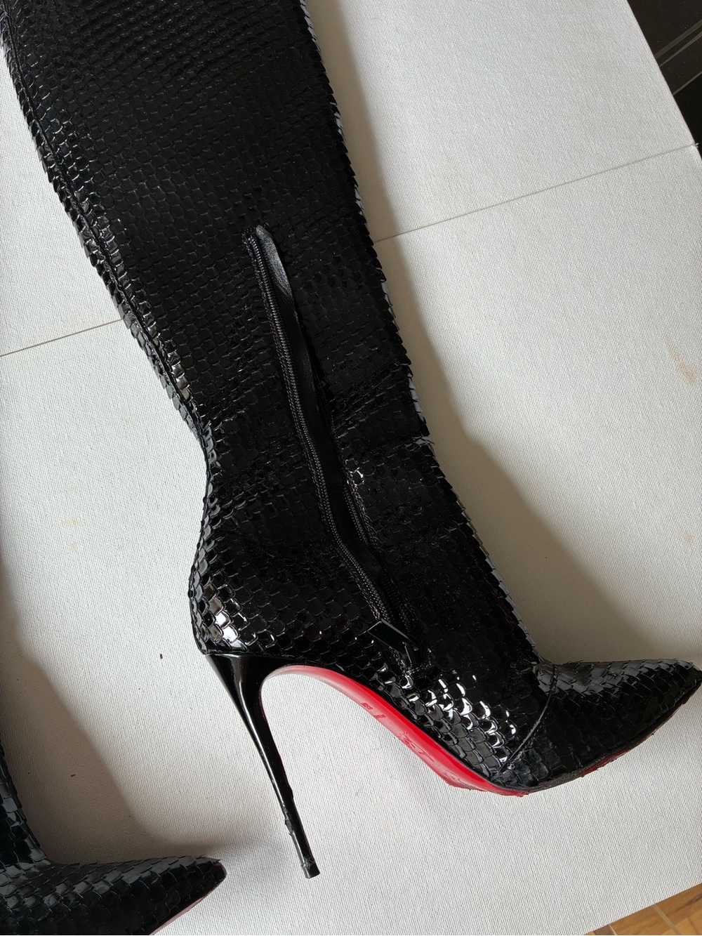 Christian Louboutin Alta Botta knee high boots bird embossed patent 115 36.5 - Picture 5 of 11